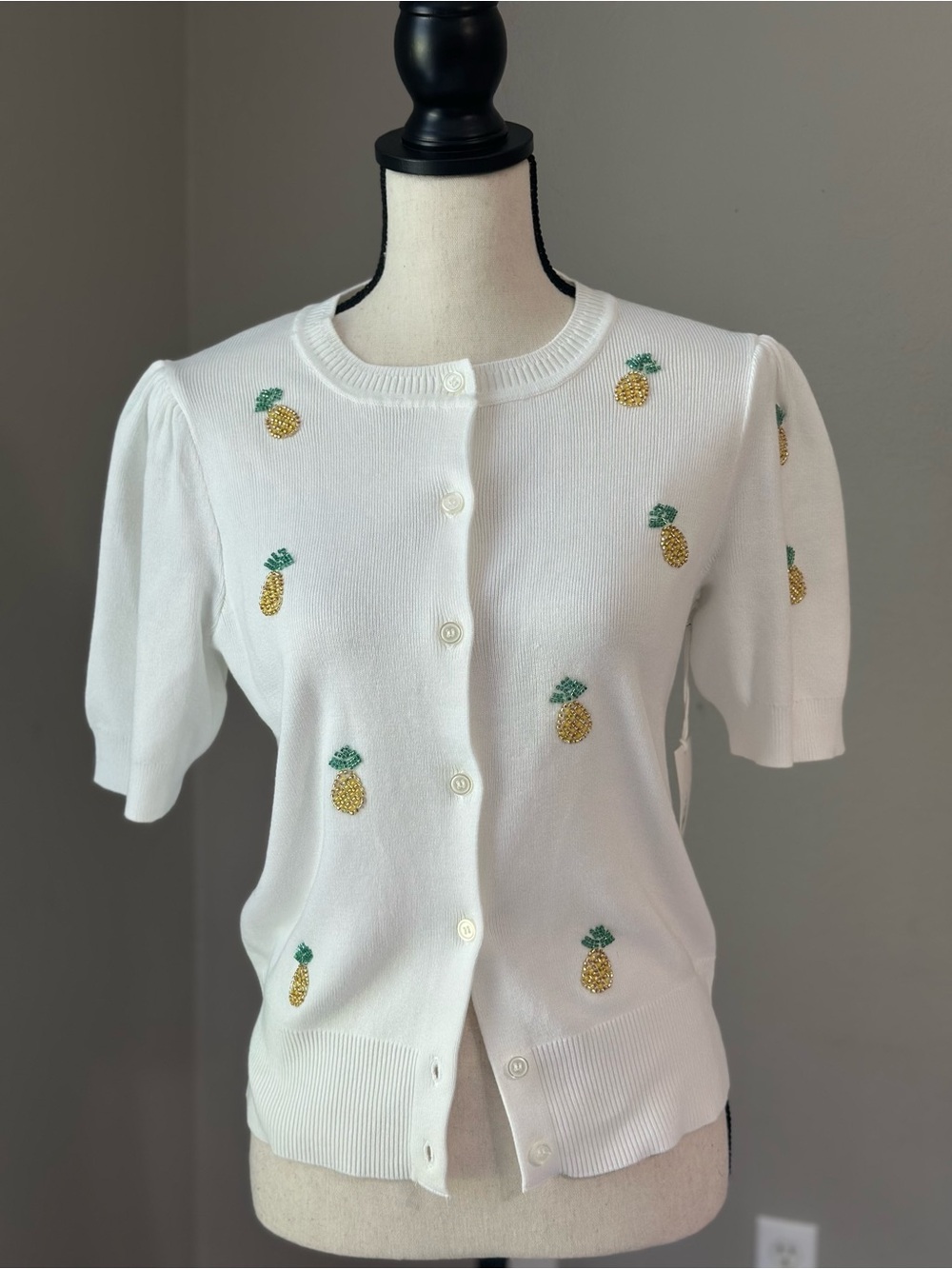 NEW White Pineapple Beaded Embroidered Short-Sleeve Cardigan Sweater